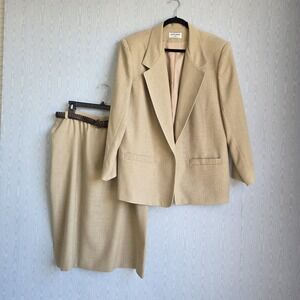 Vtg 90s Alfred Dunner Skirt Suit 18/20 Tan Elastic Waist Midi With Leather Belt